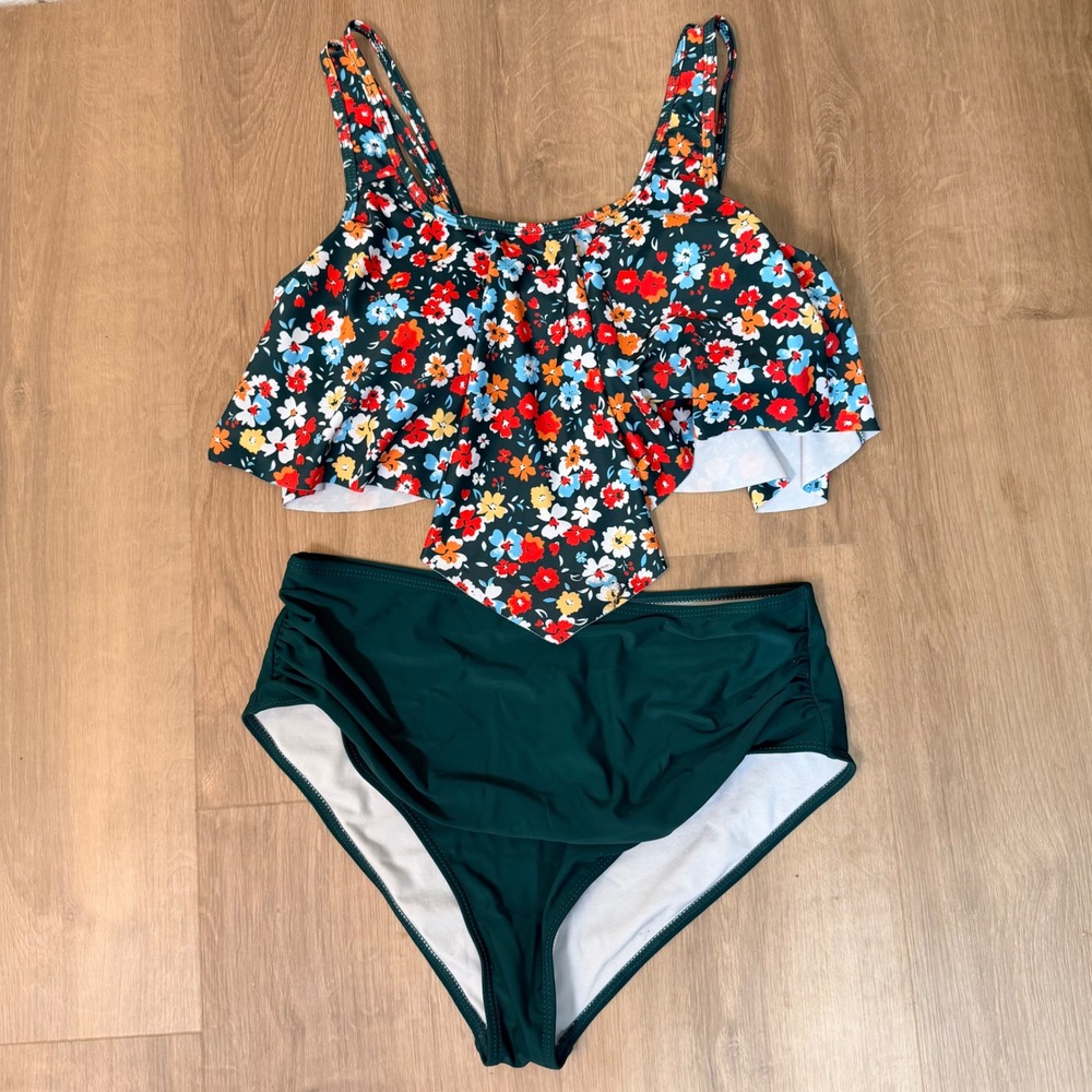 PatPat Women L Ditsy Floral Flounce Bikini Set High Waisted Swimsuit‎ Green